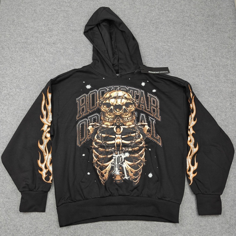 Rockstar Original Hoodie Mens Medium Black Skull Flame Graphic Fleece New
